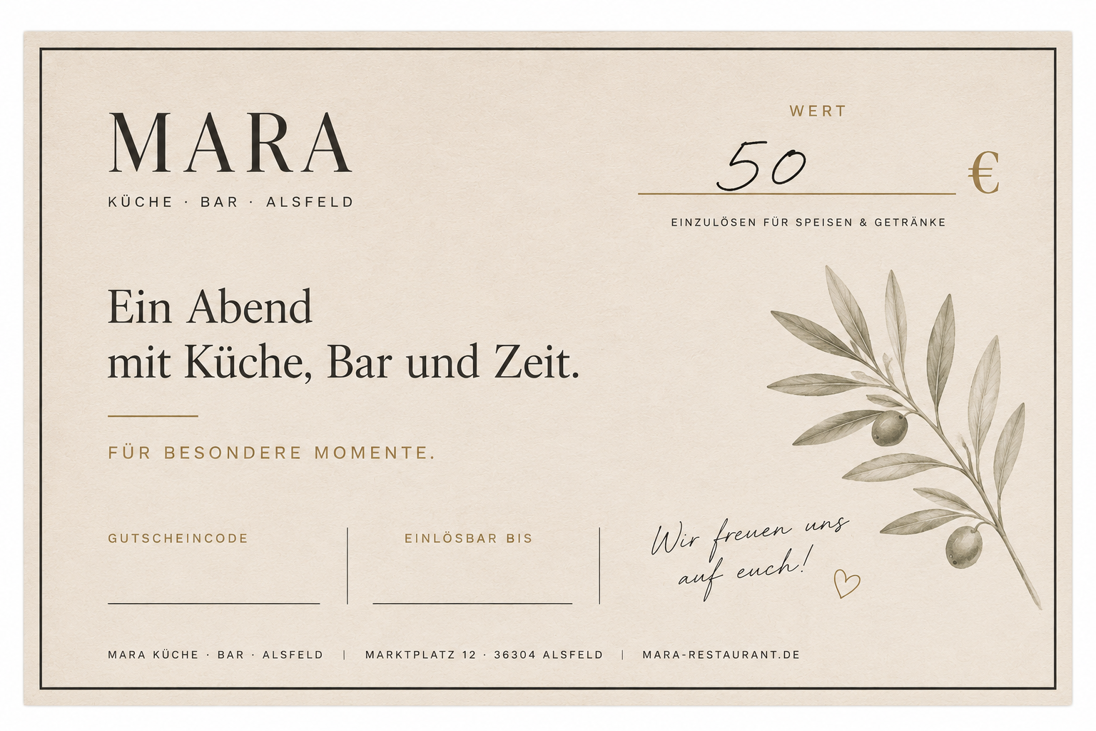 Gutschein von MARA mit Olivenzweig und handgeschriebenem Wert